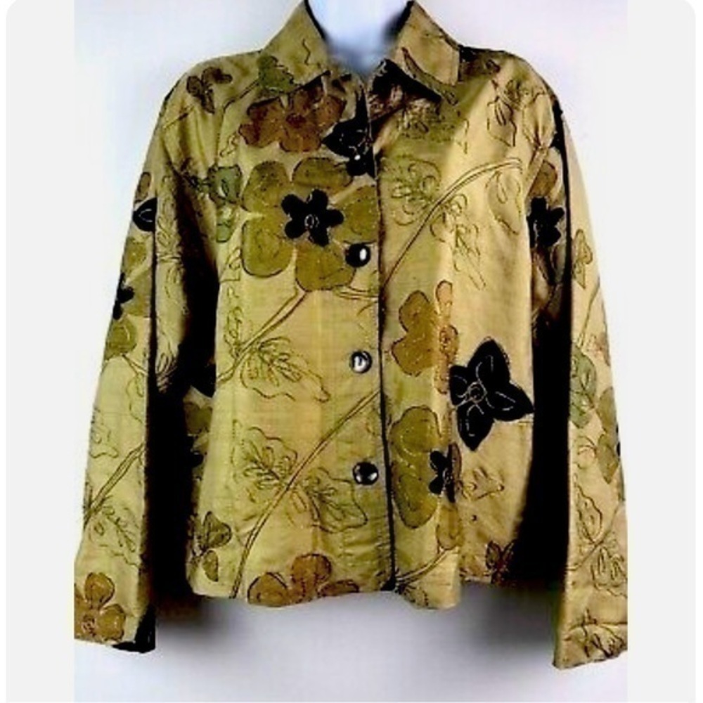 Chico’s Design 100% Silk Floral Embroidered Jacket, buttoned front, Sz 2. EUC.